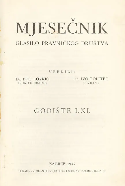 Mjesečnik, glasilo pravničkog društva, godište LXI