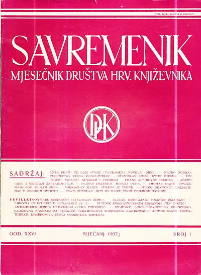 Savremenik, mjesečnik društva hrv. književnika br. 1-11/1937