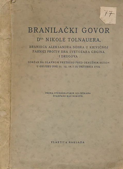 Branilački govor dr. Nikole Tolnauera
