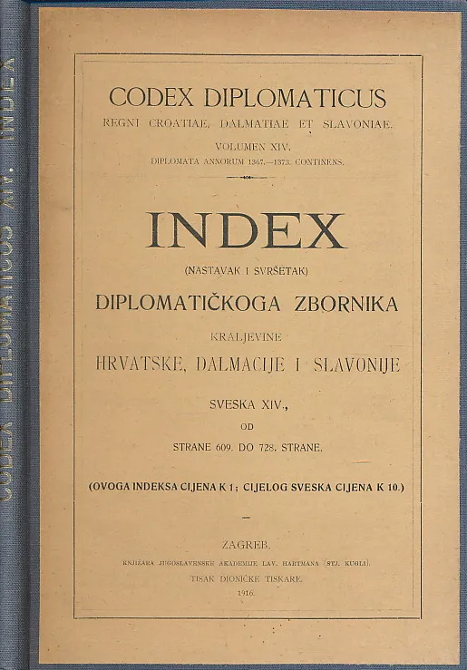 Index – Diplomatički zbornik Kraljevine Hrvatske, Dalmacije i Slavonije – Codex diplomaticus regni Croatie, Dalmatie et Slavoniae- sveska XIV.
